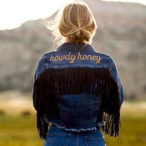 NWOT Denim Fringe Western Country Denim Jacket SMALL Howdy Honey Embroidery